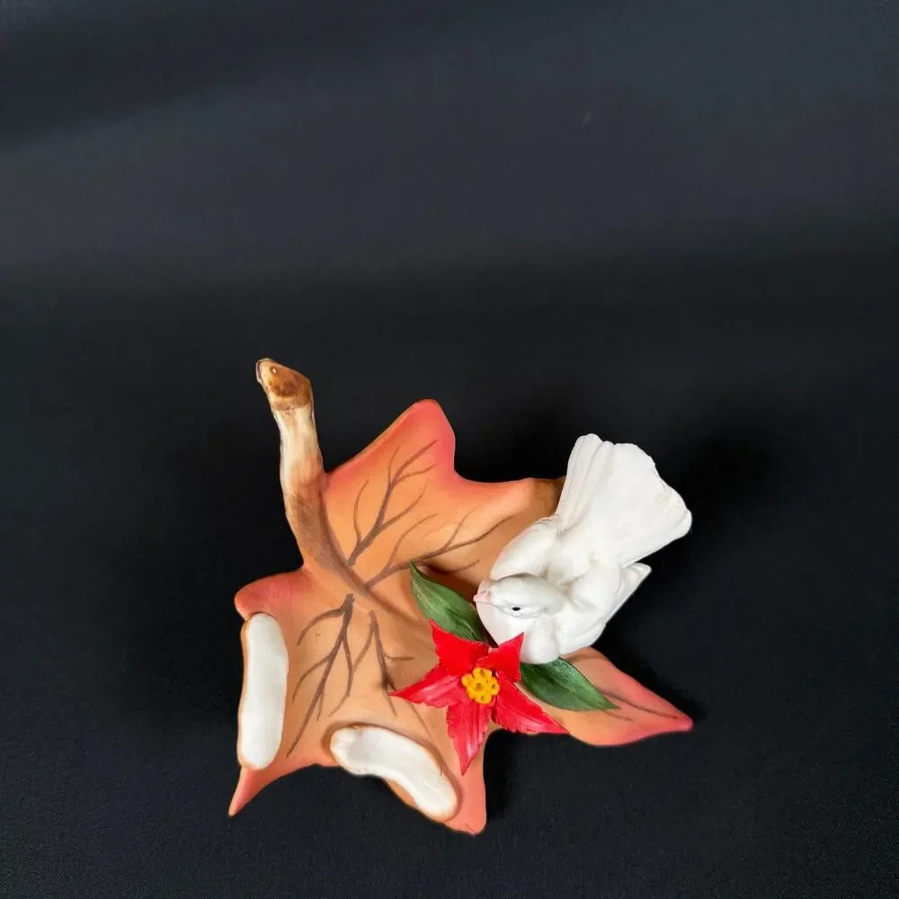 Italian Capodimonte Porcelain Figurine White Dove Bird on Autumn Leaf Poinsettia